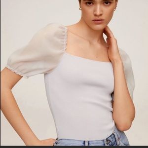 MANGO PUFF SLEEVE TOP PURPLE LILAC RIB TOP SHEER SLEEVES